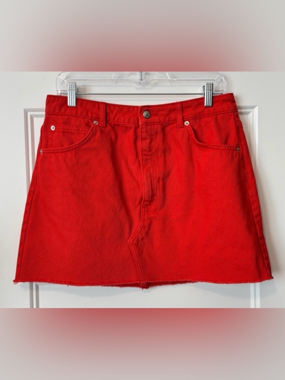 Topshop Red Denim Mini Skirt Raw Hem High Rise Size US 10 UK 14 Y2K